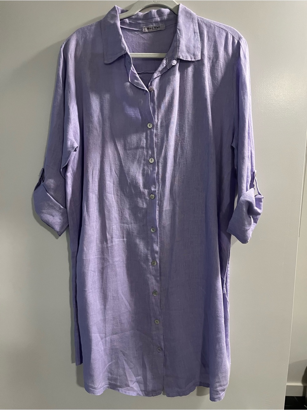 MEO MELI 100% Linen lavender shirt dress. Made in Italy